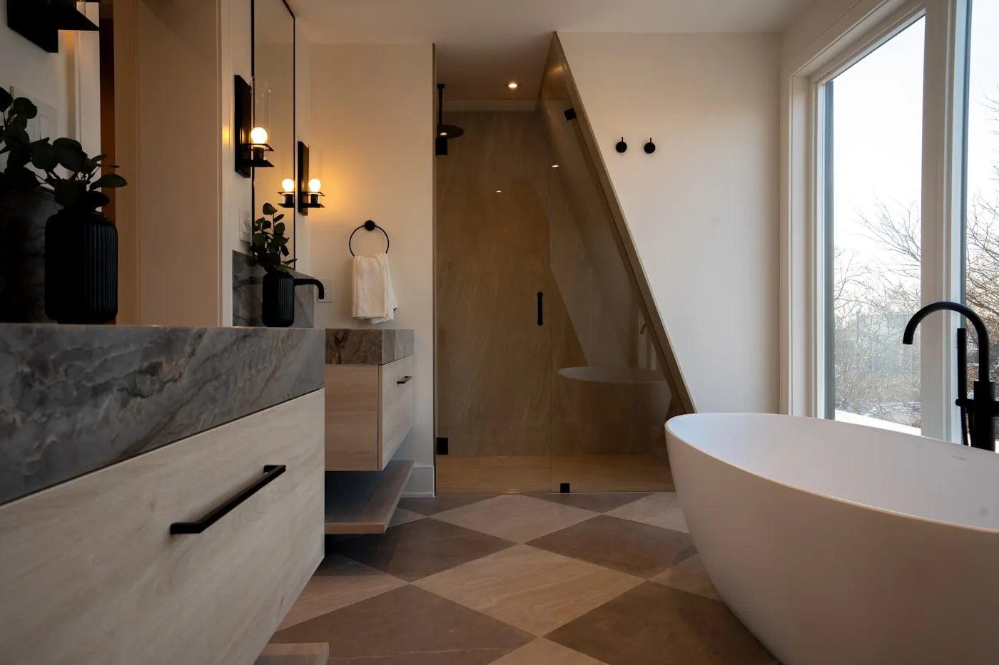 Freestanding tub with stone-front vanity