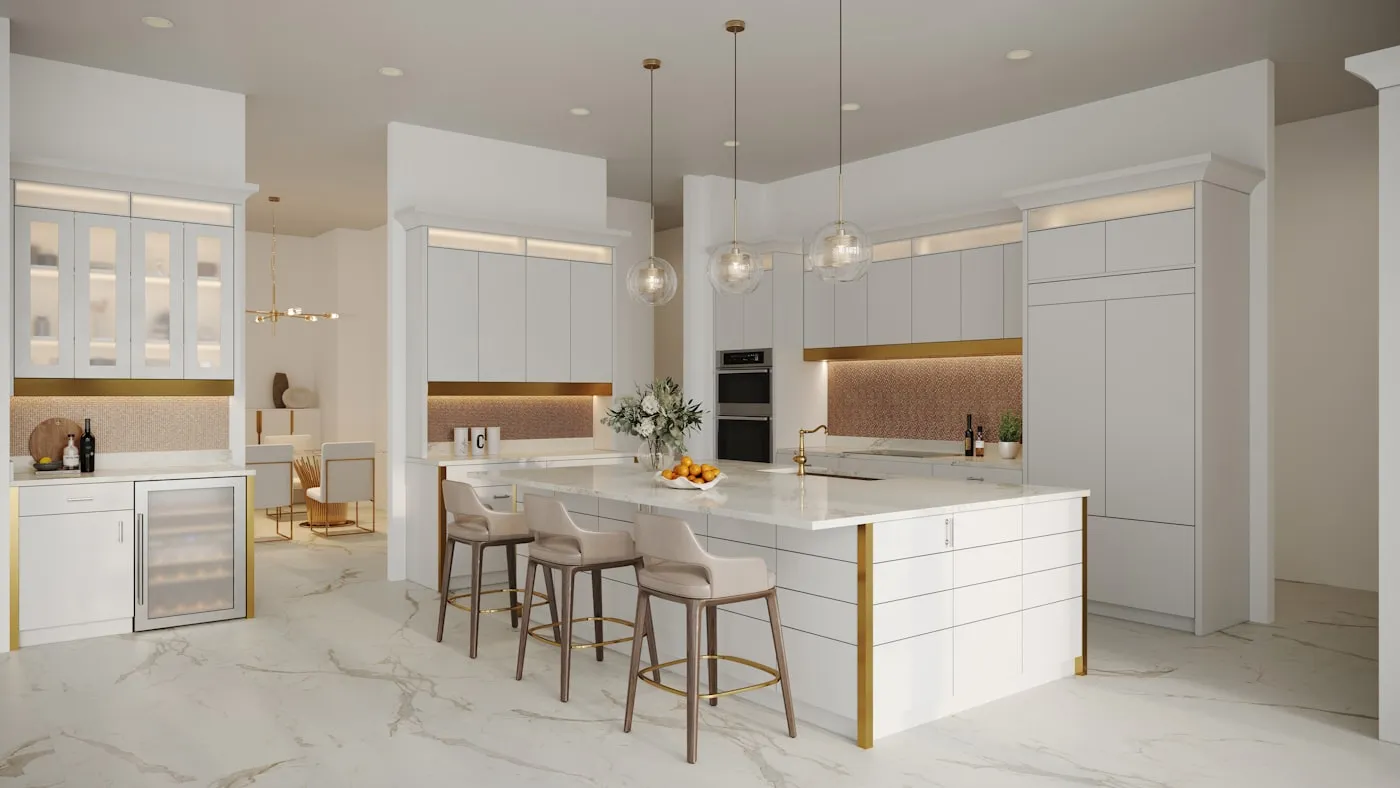 White kitchen with marble island and brass accents
