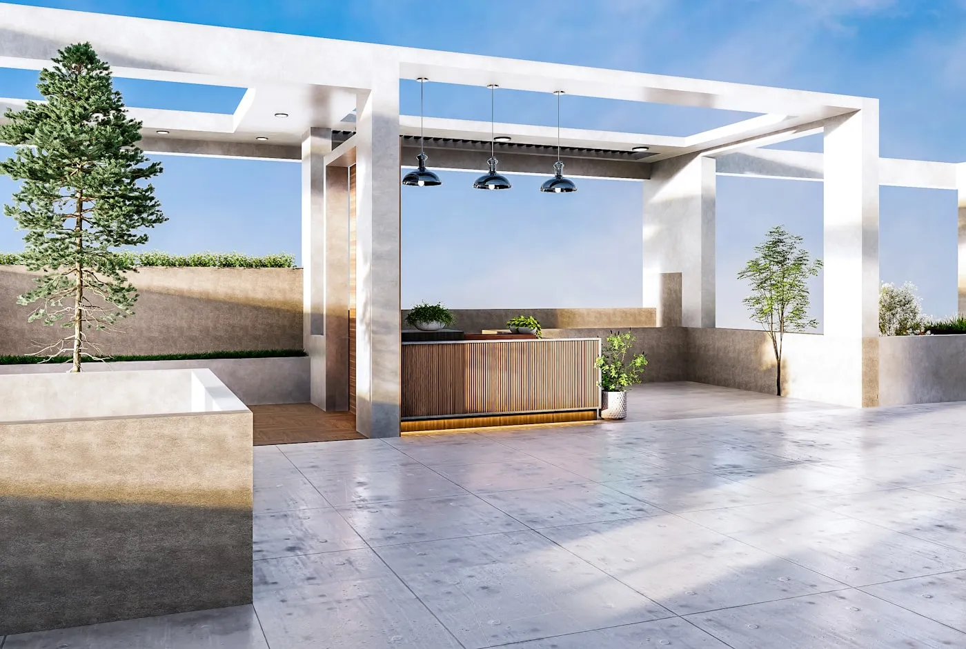 Outdoor kitchen under pergola with stone counters
